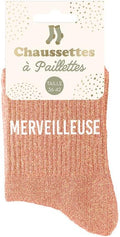 Chaussettes à paillettes rose saumon avec le message MERVEILLEUSE