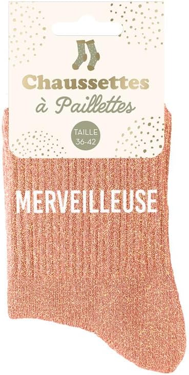 Chaussettes à paillettes rose saumon avec le message MERVEILLEUSE