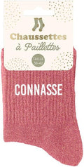 Chaussettes à paillettes rose fuchsia avec le message CONNASSE
