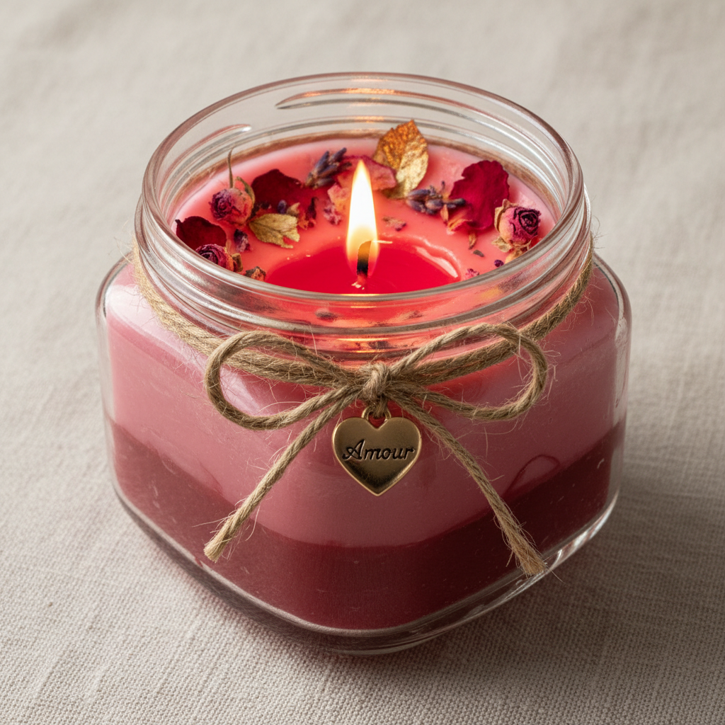 Bougie artisanale Saint-Valentin avec pétales de roses