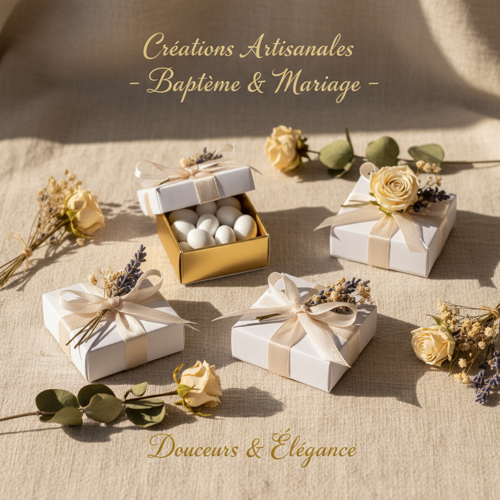 Boîtes à dragées artisanales pour baptême et mariage